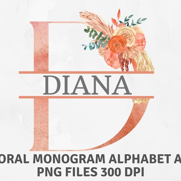 Split Monogram, Floral Monogram, Floral Alphabet, Monogram Font Png, Initial with Flower, Pink Letter Png, Letter Clipart, Uppercase Letter