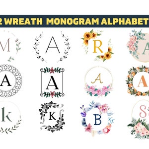 Kranz Monogramm SVG Bundle, Kranz mit Initial Png Bundle, Blumen Monogramm Set, Monogramm mit Rahmen