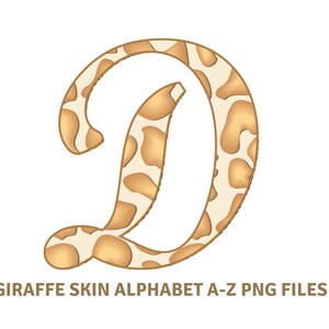 May include: The letter D in a gold and white giraffe print font.  The letter is stylized with a rounded, cursive font.  The text "Giraffe Skin Alphabet A-Z PNG Files" is below the letter.
