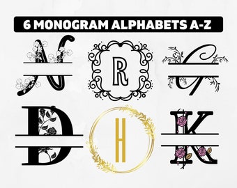 Paquete de monograma svg, monograma con corona, monograma floral svg, monograma de oro svg, monograma dividido svg, monograma de marco, fuente de monograma,