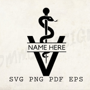 May include: Black and white vector graphic of a veterinary symbol with a snake wrapped around a staff. The symbol is inside a black V shape with the text "NAME HERE" in the centre.