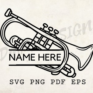 May include: Black and white line art illustration of a trumpet with the text "NAME HERE" in a banner below it. The image is suitable for use as a digital download for crafting projects.