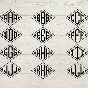 May include: A set of 12 diamond-shaped monogram designs featuring the letters A through L, each with three of the same letter stacked vertically.