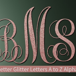 May include: Rose gold glitter letters in a cursive font, spelling out the letters "BNS". The letters are on a dark green background. The text "3 Letter Glitter Letters A to Z Alphabet" is below the letters.