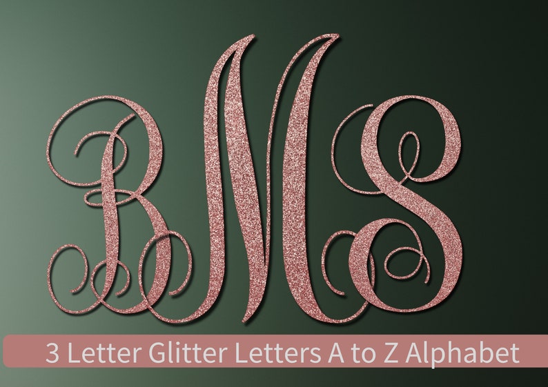 Script Letter Clipart, Rose Gold 3 Letter Script Font Monogram Alphabet ...
