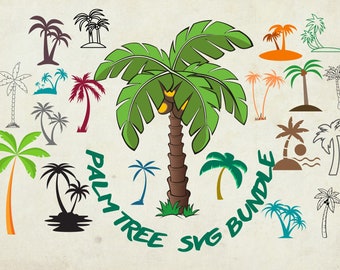 May include: A collection of 18 palm tree SVG cut files. The SVGs are in various styles and colors, including green, blue, orange, and black. The text "Palm Tree SVG Bundle" is written in green and black.