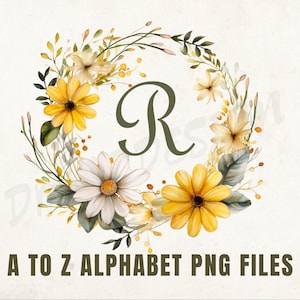 May include: Watercolor floral wreath with the letter "R" in the center. The wreath features yellow and white daisies, green leaves, and sprigs. Text at the bottom reads "A TO Z ALPHABET PNG FILES".