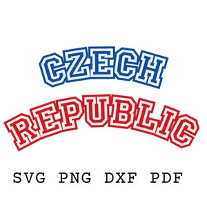Könnte beinhalten: Ein digitales Design mit den Worten "CZECH REPUBLIC" in einer Schriftart im College-Stil. Das Wort "CZECH" ist in Blau und das Wort "REPUBLIC" ist in Rot.
