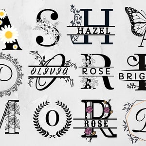 K&ouml;nnte beinhalten: Ein Satz von 10 Monogramm-Buchstaben-Designs mit floralen und botanischen Elementen. Die Buchstaben sind A, S, H, A, D, O, R, B, M und O. Einige der Buchstaben haben Namen darunter geschrieben, wie Hazel, Olivia, Rose und Brigette.