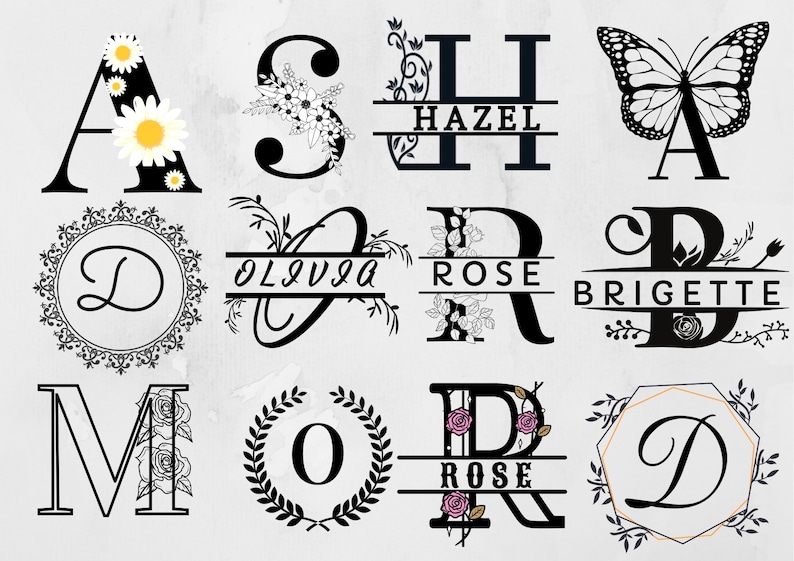 K&ouml;nnte beinhalten: Ein Satz von 10 Monogramm-Buchstaben-Designs mit floralen und botanischen Elementen. Die Buchstaben sind A, S, H, A, D, O, R, B, M und O. Einige der Buchstaben haben Namen darunter geschrieben, wie Hazel, Olivia, Rose und Brigette.