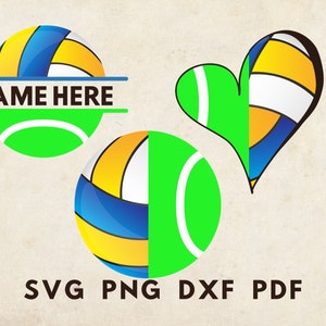 Pode incluir: Um design gráfico com três logotipos com tema de voleibol. Um logotipo com o texto "NAME HERE" e um design de voleibol. Outro é um design em forma de coração. O terceiro é um híbrido de voleibol e bola de tênis. O texto na parte inferior diz "SVG PNG DXF PDF".
