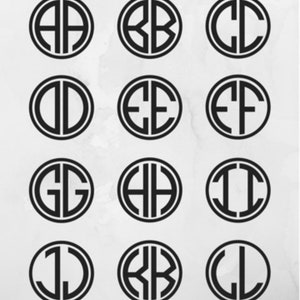 May include: A set of 12 black and white monogrammed circles with different letter combinations. Each circle features two letters overlapping in a unique design.