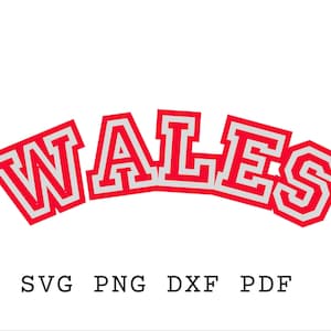 Op de afbeelding: Rood en wit grafisch ontwerp van het woord "WALES" in een vet, blokkerig lettertype. De letters zijn wit omlijnd en rood gevuld.