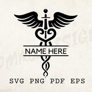 Modelo Caduceus Svg, arte de parede para impressão, arquivo cortado a laser, símbolo de cobra médica svg, nome aqui, presente para médico, camiseta de design svg,