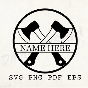 May include: Black and white silhouette of two crossed axes inside a circle with the text "NAME HERE" in a banner below the axes.