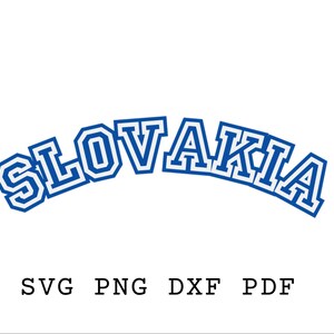 Pode incluir: Design gráfico azul e branco da palavra "SLOVAKIA" em uma fonte de estilo universitário. O texto é arqueado e contornado em azul.