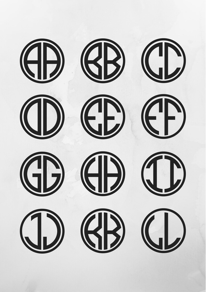 Puede incluir: Un conjunto de 12 c&iacute;rculos monogramados en blanco y negro con dos letras en cada c&iacute;rculo. Las letras est&aacute;n en una fuente en negrita, sans-serif.