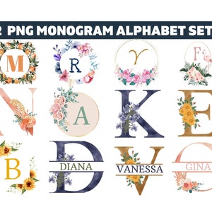 12 Monogramm PNG Bundle, Weihnachtsmonogramm, Hochzeitsmonogramm, Blumenmonogramm, Kranzmonogramm, Monogrammschrift, Kranz mit Initiale,