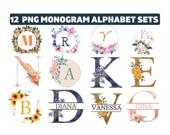 12 Monogramm PNG Bundle, Weihnachtsmonogramm, Hochzeitsmonogramm, Blumenmonogramm, Kranzmonogramm, Monogrammschrift, Kranz mit Initiale,
