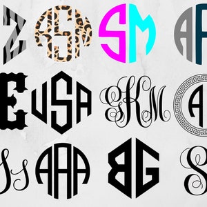 K&ouml;nnte beinhalten: Eine Sammlung von 12 Monogramm-Designs mit verschiedenen Schriftarten, Stilen und Mustern. Die Monogramme enthalten Buchstaben wie A, S, E, U, K, M, B und G. Einige Monogramme sind in Schwarzwei&szlig; gehalten, w&auml;hrend andere farbenfrohe Muster wie Zebrastreifen, Leopardenmuster und ein griechisches Schl&uuml;sselmuster aufweisen.
