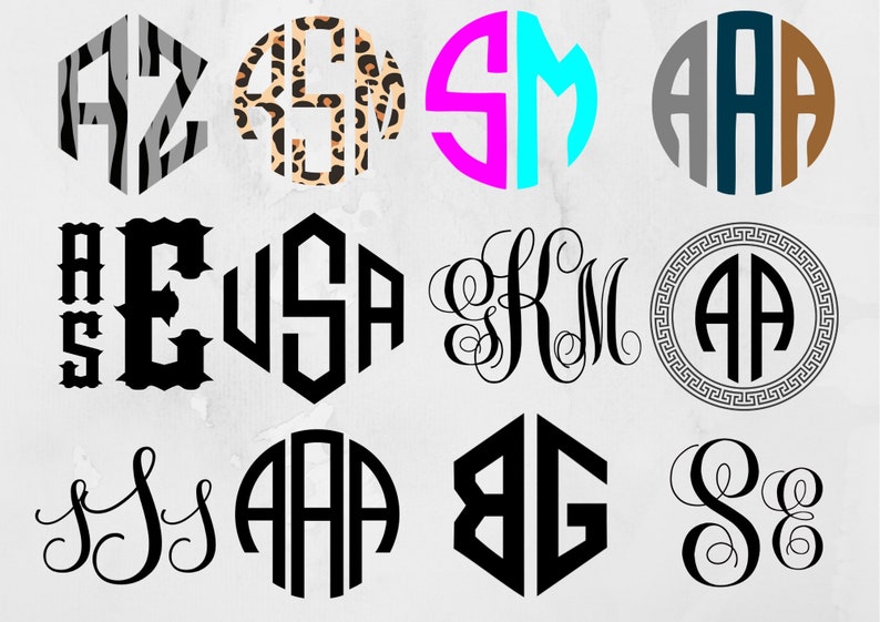 K&ouml;nnte beinhalten: Eine Sammlung von 12 Monogramm-Designs mit verschiedenen Schriftarten, Stilen und Mustern. Die Monogramme enthalten Buchstaben wie A, S, E, U, K, M, B und G. Einige Monogramme sind in Schwarzwei&szlig; gehalten, w&auml;hrend andere farbenfrohe Muster wie Zebrastreifen, Leopardenmuster und ein griechisches Schl&uuml;sselmuster aufweisen.