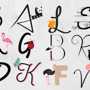 K&ouml;nnte beinhalten: Schwarz-wei&szlig;e Buchstaben des Alphabets mit verschiedenen Tierillustrationen. Die Buchstaben umfassen S, K, G, D, K, F, V, A, L, B, R und C. Die Tiere umfassen ein Kaninchen, einen Flamingo, einen Marienk&auml;fer, eine Biene, einen Schmetterling, einen Strau&szlig;, ein Schwein, einen Panda, ein Eichh&ouml;rnchen, einen Storch, eine Katze und einen Kardinal.