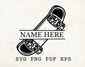 May include: Black and white illustration of a skateboard with wheels. The skateboard is positioned diagonally with the text "NAME HERE" in a banner above it.