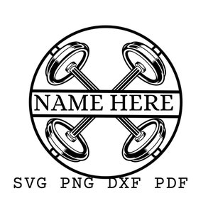 May include: Black and white illustration of two crossed dumbbells inside a circle with the text "NAME HERE" on a banner.