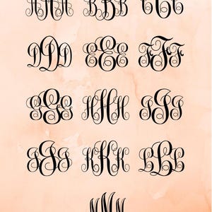 May include: A set of 12 monogram letter designs in a cursive script font. Each letter is displayed in a separate box, with the letters A through M.