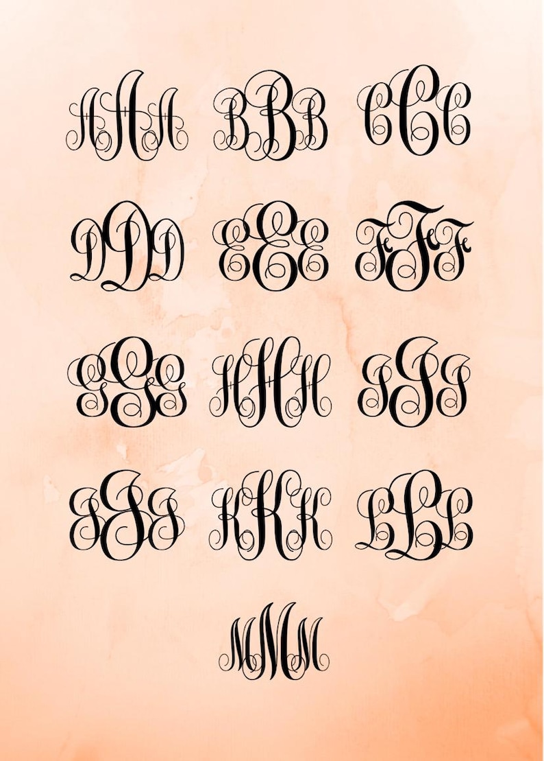 May include: A set of 12 monogram letter designs in a cursive script font. Each letter is displayed in a separate box, with the letters A through M.