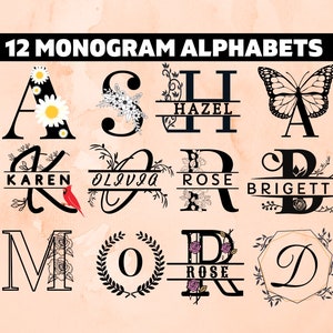 Monogram Bundle Svg, floral monogram set, 12 Monogram Alphabet svg, Floral Split monogram set svg