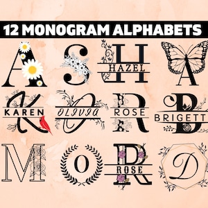 Monogram Bundle Svg, set di monogrammi floreali, 12 Monogram Alphabet svg, Floral Split monogram set svg