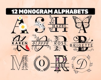 Monogram Bundle Svg, floral monogram set, 12 Monogram Alphabet svg, Floral Split monogram set svg