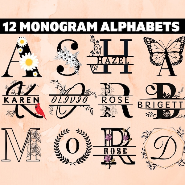 Monogram Bundle Svg, set di monogrammi floreali, 12 Monogram Alphabet svg, Floral Split monogram set svg