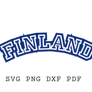 Puede incluir: Un diseño gráfico azul y blanco de la palabra "FINLANDIA" en una fuente de estilo universitario.