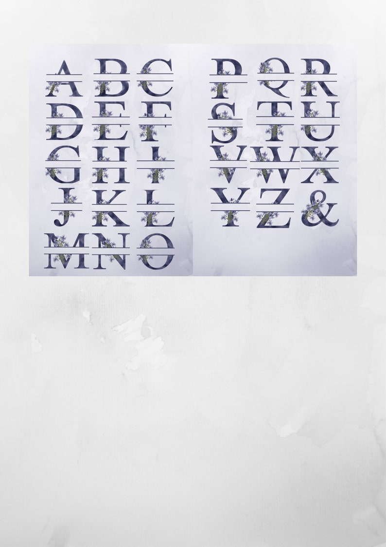 May include: A floral alphabet with each letter decorated with purple flowers and a line through the middle. The letters are arranged in two columns, A-O on the left and P-Z and an ampersand on the right.