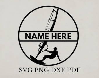 Windsurfing svg, ozdoba świąteczna svg, plik cięty laserowo, szablon breloka windsurfingowego svg, sztuka ścienna windsurfingowa, nazwa na obrazie windsurfingowym