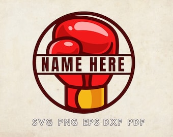Op de afbeelding: Rood bokshandschoenlogo met een witte banner met de tekst "NAME HERE" in een zwarte cirkel.