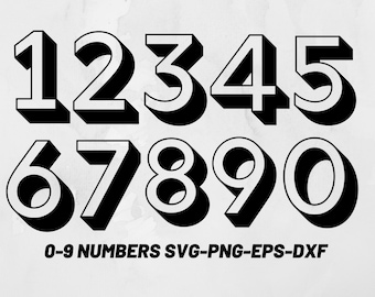 May include: Black and white numbers 0-9 with a 3D effect. The numbers are in a bold, sans-serif font. The text "0-9 NUMBERS SVG-PNG-EPS-DXF" is below the numbers.