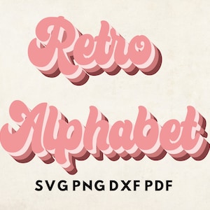 Könnte beinhalten: Retro-Alphabet in Pink mit 3D-Effekt. Der Text ist in einer fetten, kursiven Schriftart. Das Bild enthält den Text "SVG PNG DXF PDF".
