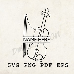 May include: A black and white line drawing of a violin with the text "NAME HERE" in the middle of the image.
