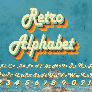 May include: Retro Alphabet design with a vintage aesthetic. The text "Retro Alphabet" is displayed in a 3D effect with cream, orange, and brown colors. The full alphabet and numbers 1-0 are shown in a matching style against a teal background.