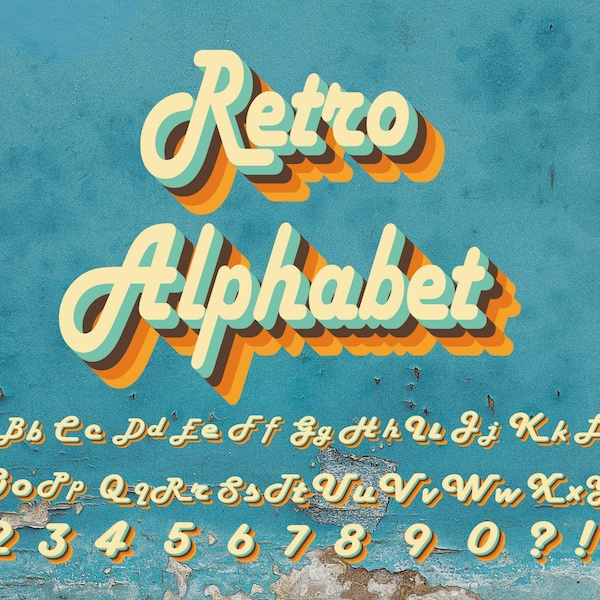 Retro Font, Retro Alphabet, 70s Color Letters, Vintage Letters, Vintage Font, Design Letters