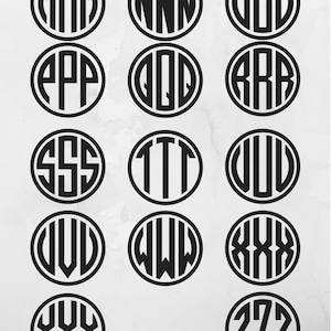 May include: A set of 15 black and white monogrammed circles with different letters. Each circle has three letters in a row, with the middle letter larger than the outer letters.