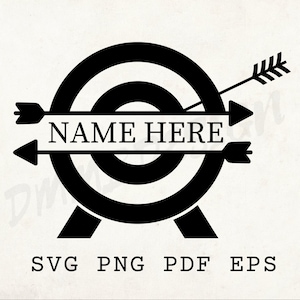 May include: Black and white silhouette of an archery target with arrows through it. The target has a banner that says "NAME HERE".