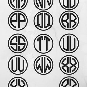 May include: A set of 15 black and white monogram letter designs. Each letter is in a circle with a double outline. The letters are M, N, O, P, Q, R, S, T, U, V, W, X, Y, and Z.