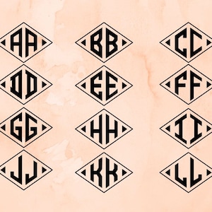 May include: A set of 12 diamond-shaped monogram designs featuring the letters A through L. Each design has two letters stacked on top of each other in a bold, black font.