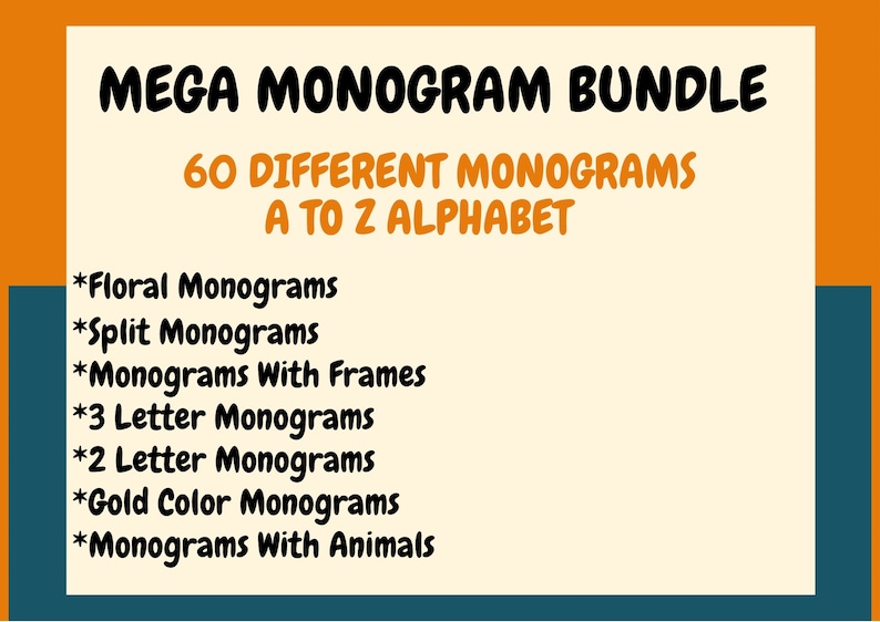 K&ouml;nnte beinhalten: Eine digitale Grafik mit 60 verschiedenen Monogramm-Designs, darunter florale, geteilte, gerahmte, 3-Buchstaben-, 2-Buchstaben-, goldfarbene und tierische Monogramme. Der Text lautet "MEGA MONOGRAM BUNDLE 60 DIFFERENT MONOGRAMS A TO Z ALPHABET".