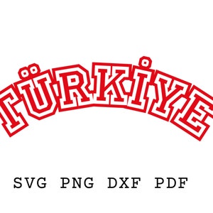 Può includere: Progettazione grafica rossa e bianca della parola "TÜRKIYE" in uno stile di carattere grassetto e a blocchi. Le lettere sono contornate di bianco e lo sfondo è bianco.