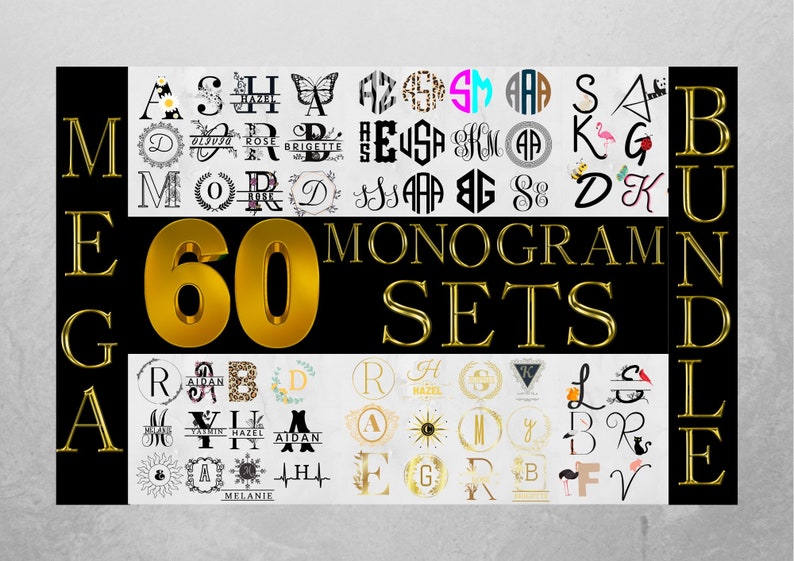 K&ouml;nnte beinhalten: Ein digitaler Download von 60 Monogramm-Sets in verschiedenen Stilen. Das Bild zeigt eine Vielzahl von Monogramm-Designs, darunter florale, geometrische und tierische Optionen. Der Text "MEGA 60 MONOGRAM SETS BUNDLE" ist in goldenen Buchstaben auf schwarzem Hintergrund dargestellt.